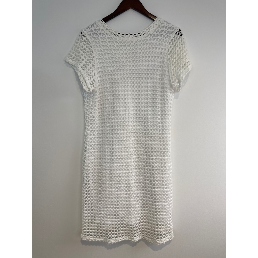 Trouble at the Mill Crochet Mini Dress L White‎ Mesh V-Neck Beach Cruise Resort - Picture 2 of 7